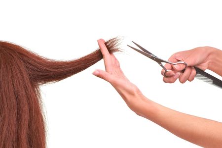 hairdresser is cutting young woman 