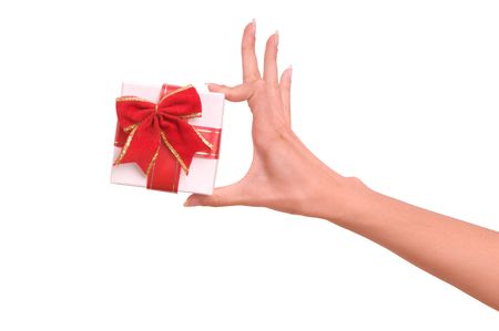 white box with red bow as a gift の写真素材