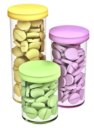 three rendered tubes with pills for treatment people の写真素材