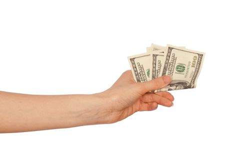 woman holding dollars in the hand for buying goodsの写真素材