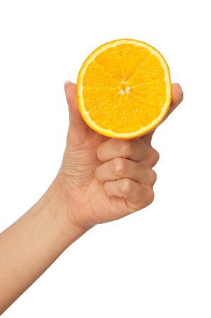 Slice of a fresh Sicilian orange in the handの写真素材