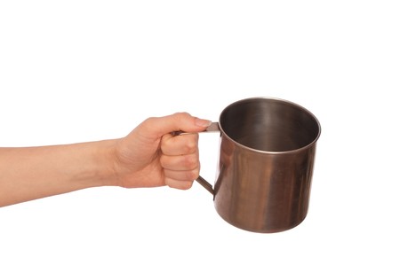 beggar woman with a metall cup asking the moneyの写真素材