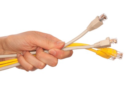 woman holding power LAN cord in the handの写真素材