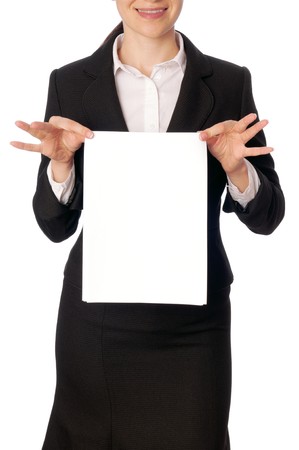 The managing director holds the white blank paper in the hand and smilesの写真素材