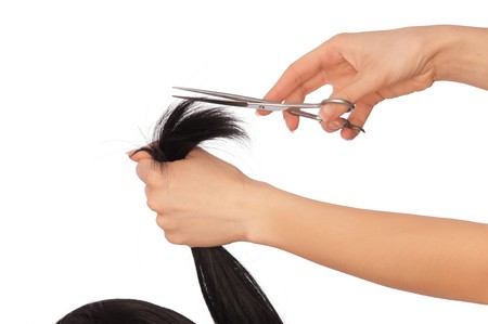 hairdresser cutting young woman with long black hairの写真素材