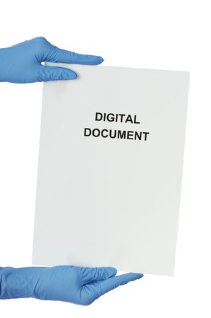 Woman in blue gloves holding digital document in the hand