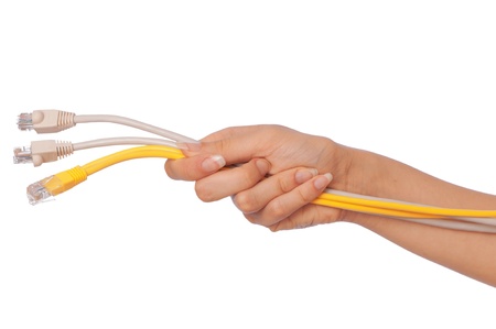 woman holding LAN cords in the handの写真素材