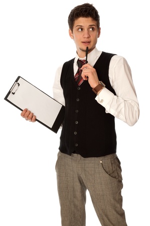 The manager with white blank paper think about new innovative ideaの写真素材