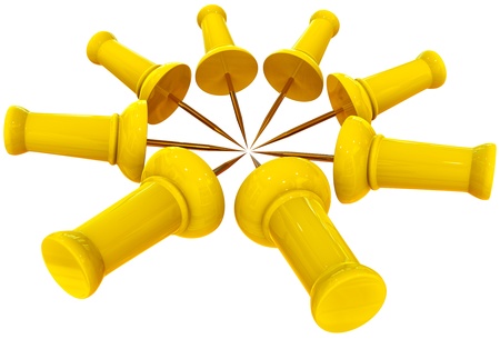 thumbtacks or pins arranged in a circle on white backgroundの写真素材