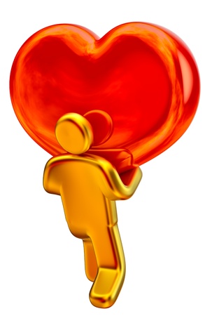 golden man taking up the big red heart as a symbol of loveの写真素材