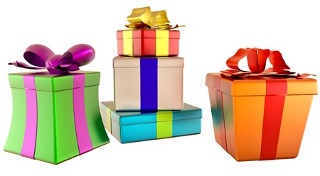 set of orange, yellow, green and white boxes ornamented with the snowflakes and decorated by bows as giftsの写真素材