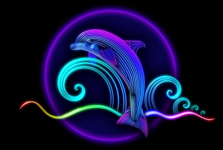 Beautiful swimming dolphin jumped from blue tropical ocean and slides on waves with bubbles and splashes of water の写真素材