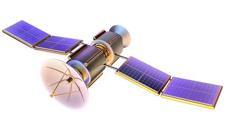 3D model of an artificial satellite of the Earth, equipped solar panels and parabolic satellite communications antennaの写真素材