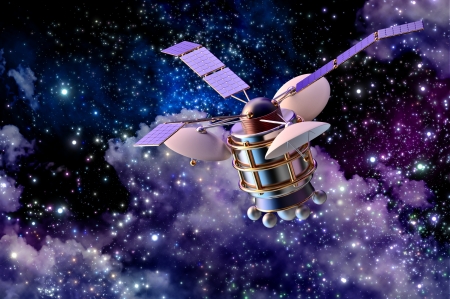 3D model of an artificial satellite of the Earth, equipped solar panels and parabolic satellite communications antennaの写真素材