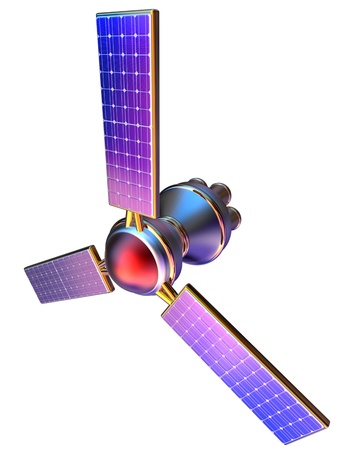 3D model of an artificial satellite of the Earth, equipped solar panels and parabolic satellite communications antennaの写真素材