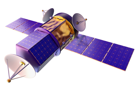 3D model of an artificial satellite of the Earth, equipped solar panels and parabolic satellite communications antennaの写真素材