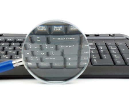 Magnifying glass, button, key isolated on whiteの写真素材