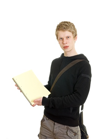 a young man holds a clipboard isolated on whiteの写真素材