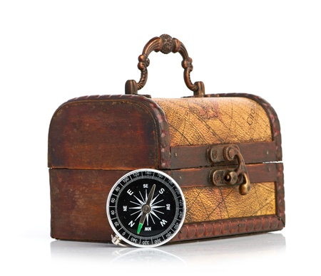 chest and compass isolated on white backgroundの写真素材