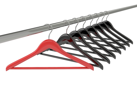 Black and red clothes hangers isolated on whiteの写真素材