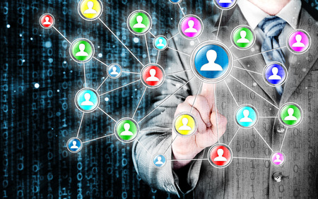 man hand pressing social media iconの写真素材