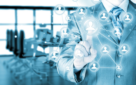 man hand pressing social media iconの写真素材