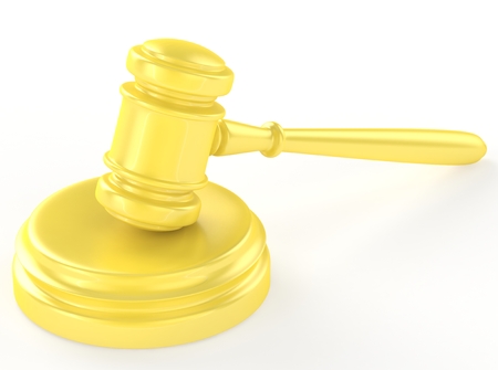 Gold gavel and soundboard isolated on white 3dの写真素材