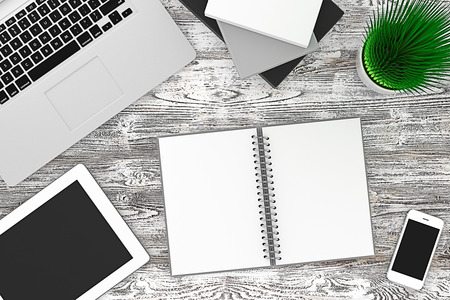 Office table with notepad, computer - workplace, top viewの写真素材