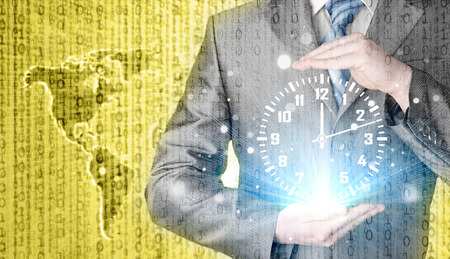 businessman holding clock against illustration backgroundの写真素材