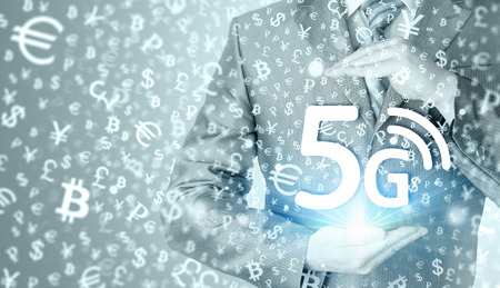 businessman holding in hand 5G, technology background