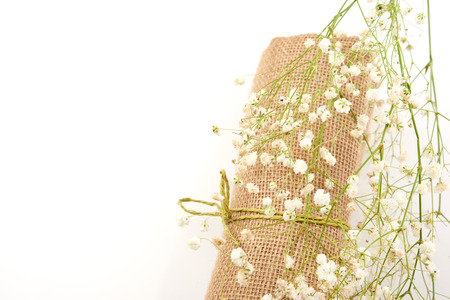 bouquet flowers on linen tableclothsの写真素材