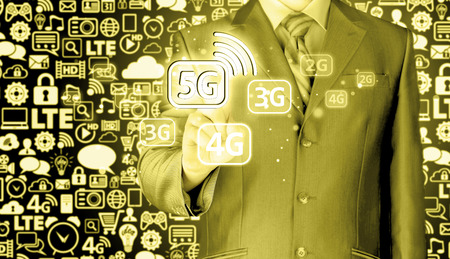 businessman holding in hand 5G, technology backgroundの写真素材