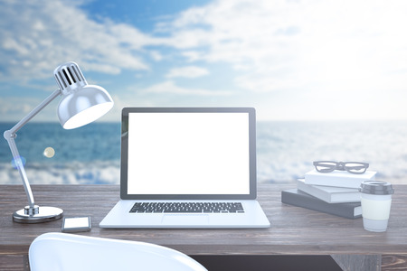 3D illustration laptop on table, Workspace on natureの写真素材