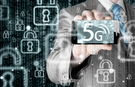 businessman holding in hand 5G, technology background