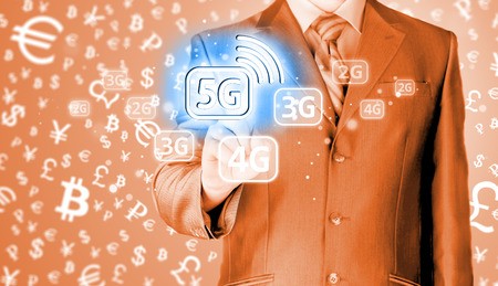 businessman holding in hand 5G, technology backgroundの写真素材