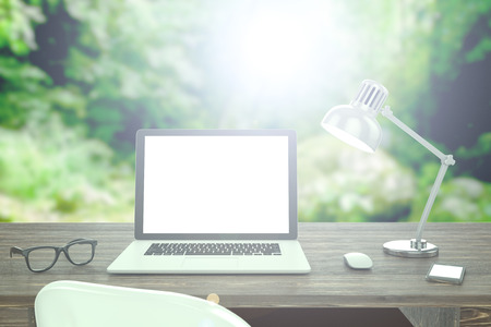 3D illustration laptop on table, Workspace on nature outdoorの写真素材