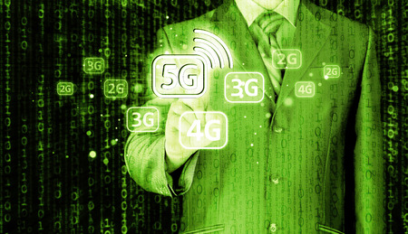 businessman holding in hand 5G, technology backgroundの写真素材