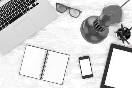 laptop and office stuff, workplace, top viewの写真素材