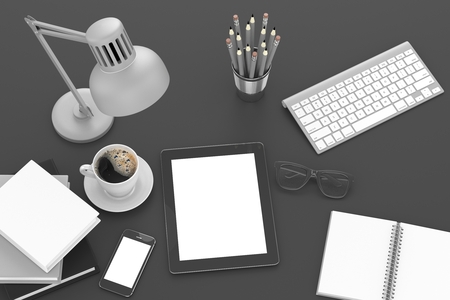 laptop and office stuff, workplace, top viewの写真素材