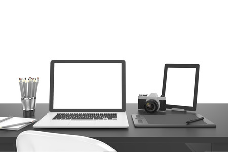3D illustration laptopand work stuff on table near brick wall, Workspaceの写真素材