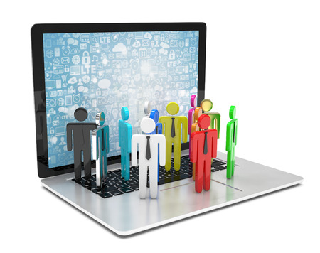 group of people figures on laptop, 3d renderの写真素材