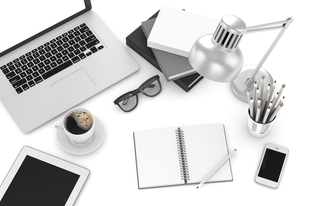 laptop and office stuff, workplace, top viewの写真素材