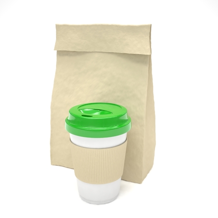 Coffee to go and lunch bag, on white.の写真素材