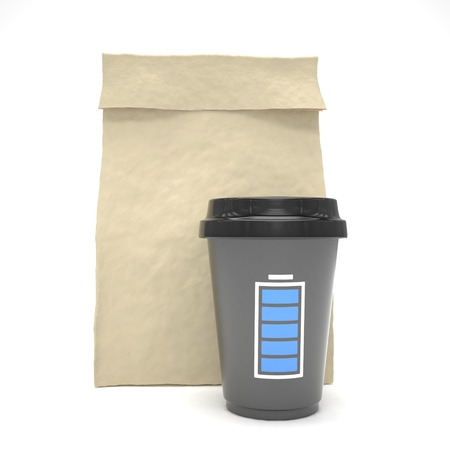 Coffee to go and lunch bag, on white.の写真素材