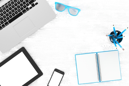 laptop and office stuff, workplace, top viewの写真素材