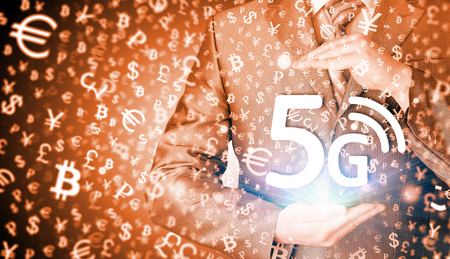 businessman holding in hand 5G, technology backgroundの写真素材