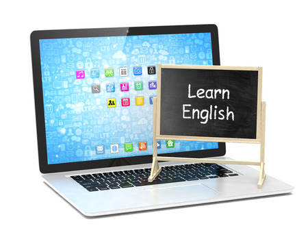 Laptop with chalkboard, learn english, online education conceptの写真素材