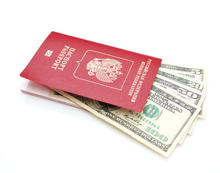 Russian passport with American dollarsの写真素材