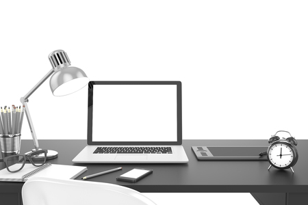 3D illustration laptop and work stuff on table near brick wall, Workspaceの写真素材