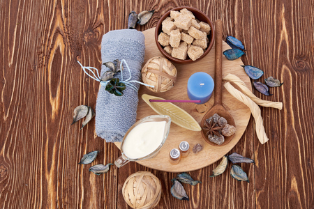 spa stuff on wooden backgroundの写真素材